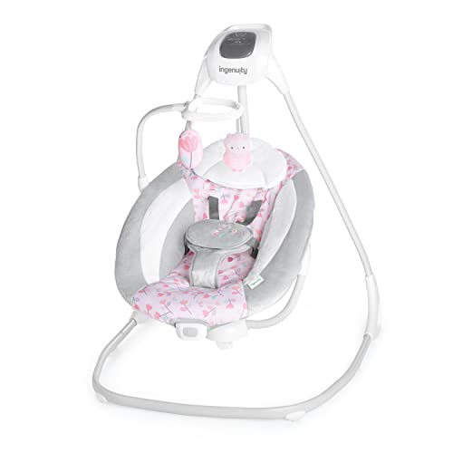 Ingenuity SimpleComfort - Columpio para bebé multidirección, ligero y compacto de 6 velocidades, vibraciones y sonidos de la naturaleza, 0-9 meses, 6-20 libras (rosa Cassidy)
