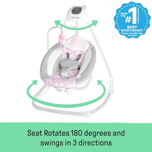Ingenuity SimpleComfort - Columpio para bebé multidirección, ligero y compacto de 6 velocidades, vibraciones y sonidos de la naturaleza, 0-9 meses, 6-20 libras (rosa Cassidy)