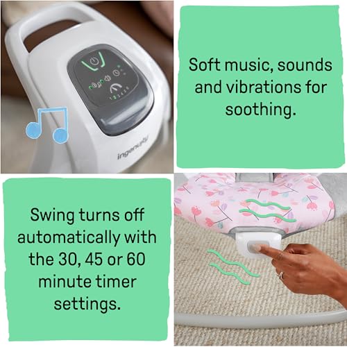 Ingenuity SimpleComfort - Columpio para bebé multidirección, ligero y compacto de 6 velocidades, vibraciones y sonidos de la naturaleza, 0-9 meses, 6-20 libras (rosa Cassidy)