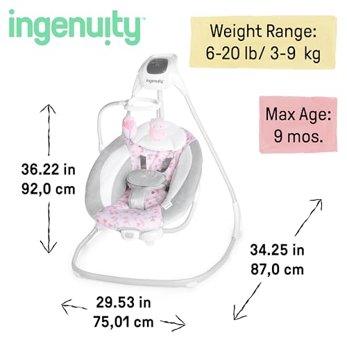 Ingenuity SimpleComfort - Columpio para bebé multidirección, ligero y compacto de 6 velocidades, vibraciones y sonidos de la naturaleza, 0-9 meses, 6-20 libras (rosa Cassidy)