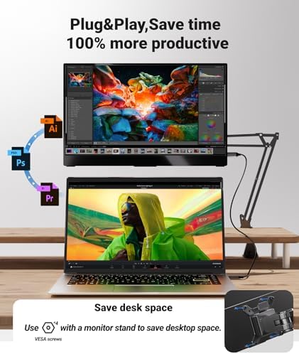 Ingnok Portable Monitor  Ultra Slim 15 6 Inch FHD IPS Laptop Screen Extender with Adjustable Stand  USB C Compatible  Ideal for Travel and Office
