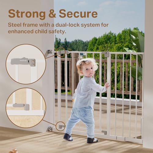 InnoTruth 29 5 40 75 Baby Gate for Stairs  30 Tall Dog Gates for Doorways & Hallways  Safety Gate for Kids & Pets  Pressure Mounted Walk Through with Dual Lock & 2 Way Swing  White