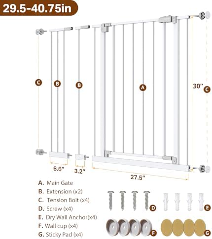 InnoTruth 29 5 40 75 Baby Gate for Stairs  30 Tall Dog Gates for Doorways & Hallways  Safety Gate for Kids & Pets  Pressure Mounted Walk Through with Dual Lock & 2 Way Swing  White