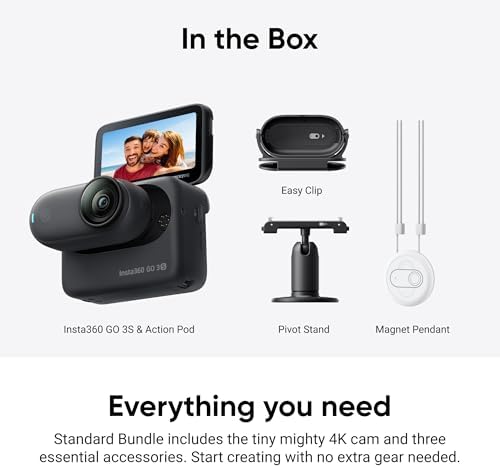 Insta360 GO 3S   128 GB Black 4K Tiny Portable Vlogging Camera  Hands Free POVs  Mount Anywhere  Stabilization  140 Min Battery Life  10m Waterproof  Pet POV