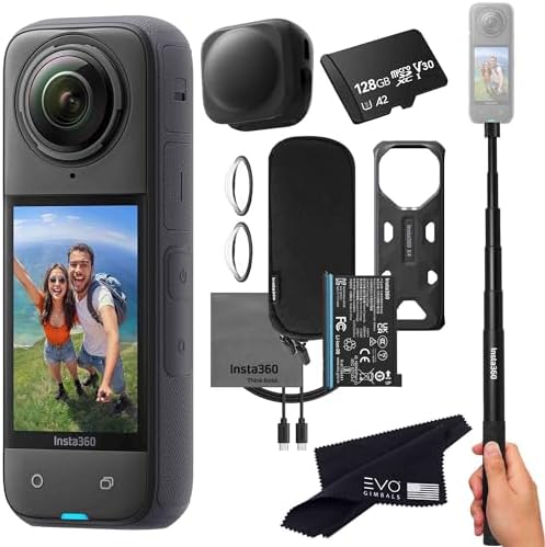 Insta360 X4 Basic Bundle 8K Waterproof 360 Action Camera with 1/2 48MP Sensors  8K 360 HDR Video  72MP 360 Photo  4K Single Lens  Bundle Includes Selfie Stick  Lens Cap  256GB 