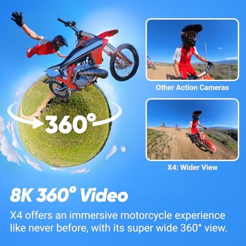 X4 Paquete para Motocicleta - Cámara de acción impermeable 360 ​​de 8K, video de gran angular de 4K, palo invisible para selfies, protectores de lentes removibles, vida útil de batería de 135