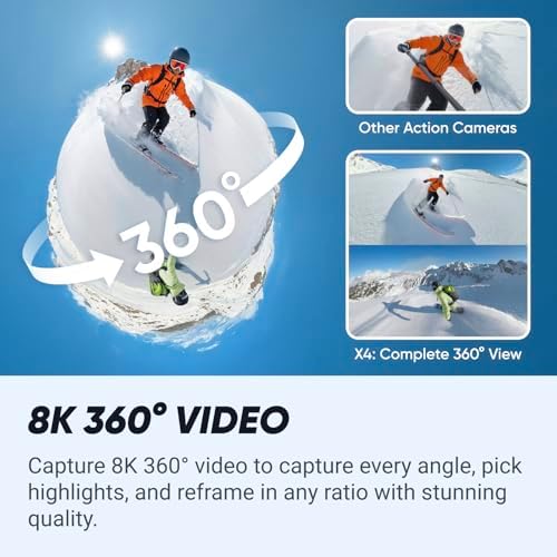 Insta360 Paquete estándar X4: cámara de acción impermeable 8K 360, video gran angular 4K, efecto selfie stick invisible, protectores de lente extraíbles, duración de la batería de 135 minutos, edición