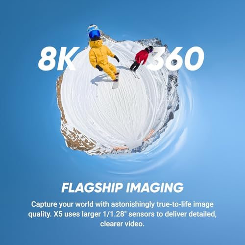 Insta360 X5   Waterproof 8K 360  Action Camera  Leading Low Light  Invisible Selfie Stick Effect  Rugged and Replaceable Lens  3 Hour Battery  Built in Wind Guard  Stabilization  Triple AI Chip Design