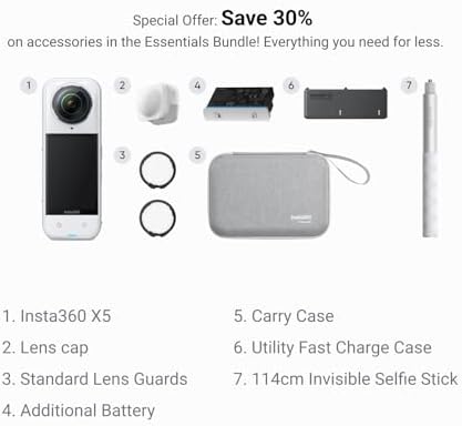 Insta360 X5   Waterproof 8K 360  Action Camera  Leading Low Light  Invisible Selfie Stick Effect  Rugged and Replaceable Lens  3 Hour Battery  Built in Wind Guard  Stabilization  Triple AI Chip Design