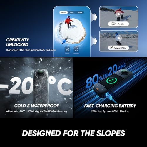 Insta360 X5   Waterproof 8K 360  Action Camera  Leading Low Light  Invisible Selfie Stick Effect  Rugged and Replaceable Lens  3 Hour Battery  Built in Wind Guard  Stabilization  Triple AI Chip Design