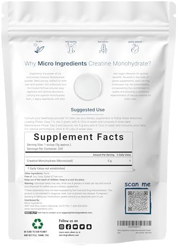 Instant Creatine Monohydrate Powder 1 kg  2 2 Lbs   5000mg Per Serv  Micronized Creatine Powder  Unflavored  Pure  No Filler  Keto & Vegan Friendly  Easy Dissolve Pre Workout for Women and Men