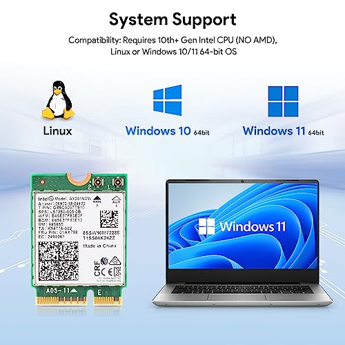 Intel AX201NGW Wi Fi 6 Wireless Card M 2  CNVio2  Bluetooth 5 2  2400Mbps 2 4 GHz 5 GHz Network Adapter for Laptop Support Windows 10/11  64bit  Linux Chrome OS Only Available with Gen Intel 10  CPU
