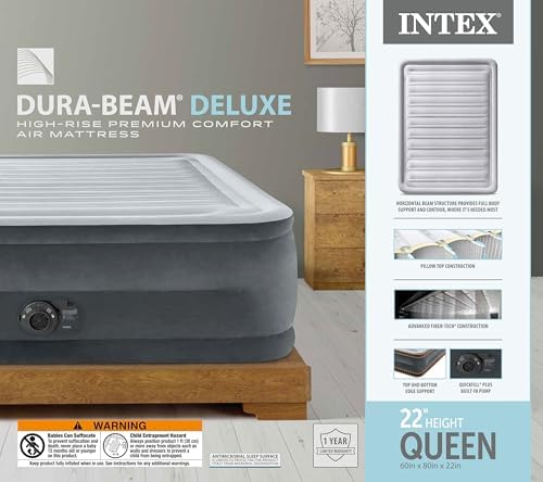 Intex 64417ED 22in Queen Dura Beam Comfort Plush High Rise Inflatable Air Mattress with Built in Pump for Travel and Camping  600lb Weight Capacity