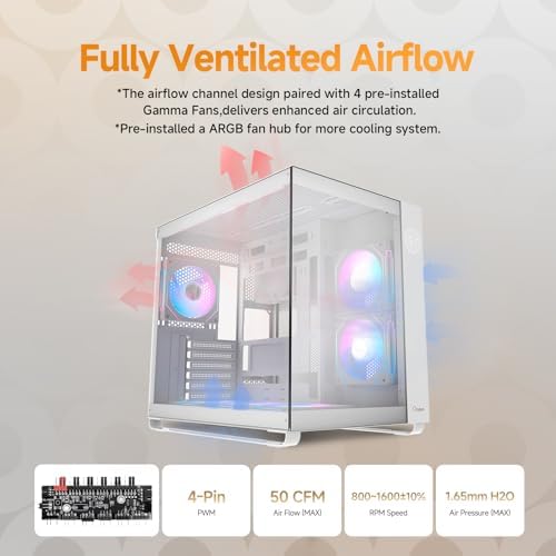 Iota C70 WH ARGB Mid Tower ATX PC Gaming Case Pre Installed 6 ARGB Fans&Hub Real Time Temp Display Backside Mounted MB Panoramic View All Metal Panel Quick Release Type C 3 1 for ATX/MATX/ITX/YTX