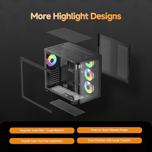 Iota C70 WH ARGB Mid Tower ATX PC Gaming Case Pre Installed 6 ARGB Fans&Hub Real Time Temp Display Backside Mounted MB Panoramic View All Metal Panel Quick Release Type C 3 1 for ATX/MATX/ITX/YTX
