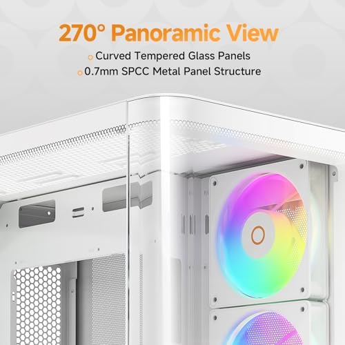 Iota C70 WH ARGB Mid Tower ATX PC Gaming Case Pre Installed 6 ARGB Fans&Hub Real Time Temp Display Backside Mounted MB Panoramic View All Metal Panel Quick Release Type C 3 1 for ATX/MATX/ITX/YTX