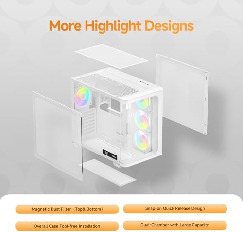 Iota C70 WH ARGB Mid Tower ATX PC Gaming Case Pre Installed 6 ARGB Fans&Hub Real Time Temp Display Backside Mounted MB Panoramic View All Metal Panel Quick Release Type C 3 1 for ATX/MATX/ITX/YTX