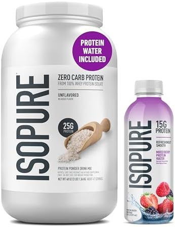 Isopure Zero Carb 100  Pure Whey Isolate Unflavored Protein Powder 3 Lbs   1 Bottle of Clear Protein Water with Electrolytes  15g Whey Protein Isolate  Zero Sugar  Mixed Berry  20 fl oz Bottle