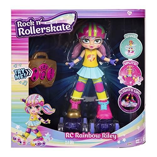 JAKKS Pacific Rock N Rollerskate Doll Rainbow Riley Light Up Remote Control Rollerskating Doll   Plays Music and Skates   10 H