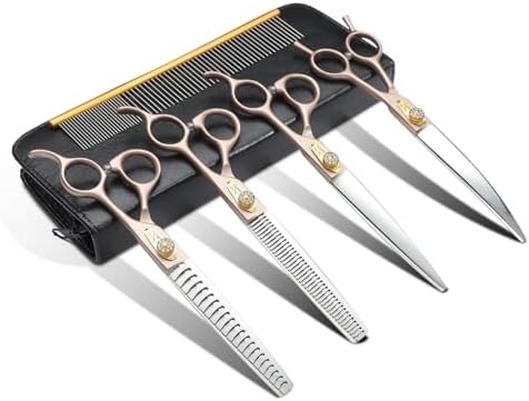 JASON Professional Dog Grooming Scissors Set   6 in 1 Sharp Shears Set With 7 Thinning  Chunker  Straight  Curved Shears and Comb for Cat Pet  Rosegold