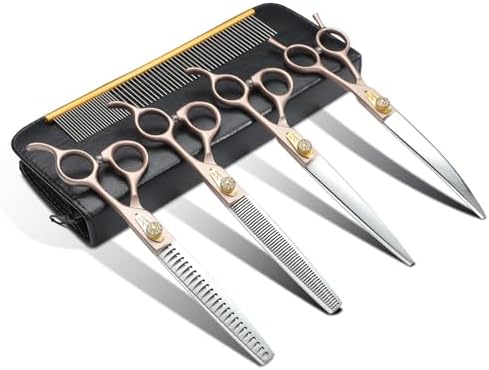 JASON Professional Dog Grooming Scissors Set   6 in 1 Sharp Shears Set With 7 Thinning  Chunker  Straight  Curved Shears and Comb for Cat Pet  Rosegold