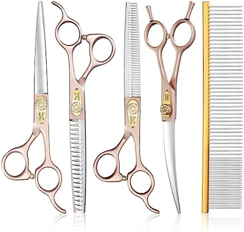 JASON Professional Dog Grooming Scissors Set   6 in 1 Sharp Shears Set With 7 Thinning  Chunker  Straight  Curved Shears and Comb for Cat Pet  Rosegold