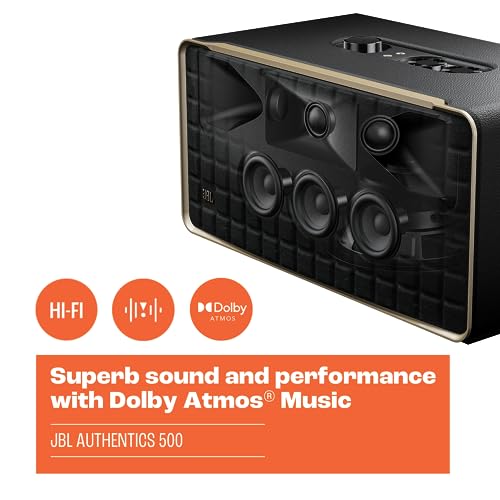 JBL Authentics 500   Retro Style Home Speaker with Bluetooth  Voice Control  and Dolby Atmos  Multi Room Playback  Built in Alexa and Google Assistant  Automatic self tuning