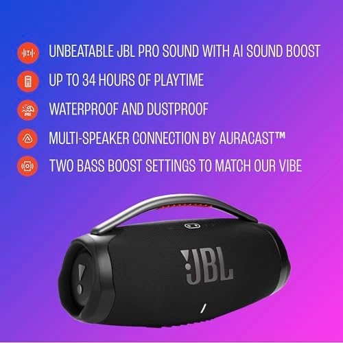 JBL Boombox 4   Most Powerful Portable Waterproof Speaker with Massive Pro Sound  Up to 34 Hours of Playtime  & Multi Speaker Connection by Auracast   Black 