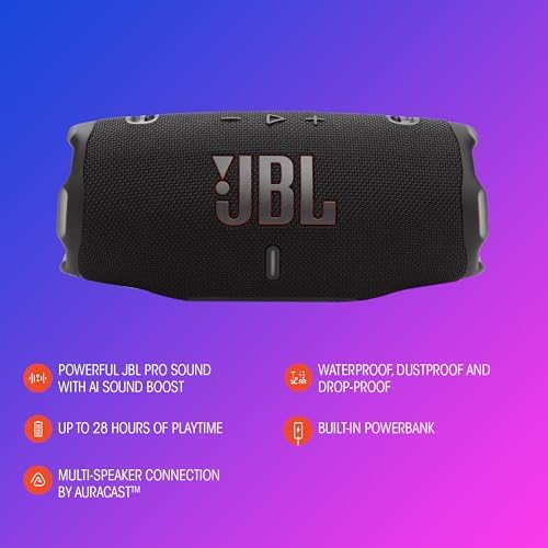 JBL Charge 6   Portable Waterproof & Drop Proof Bluetooth Speaker  Bold JBL Pro Sound with AI Sound Boost  28Hrs of Playtime  Built in powerbank & Comes with a Sturdy/Removable Carrying Strap  Black 
