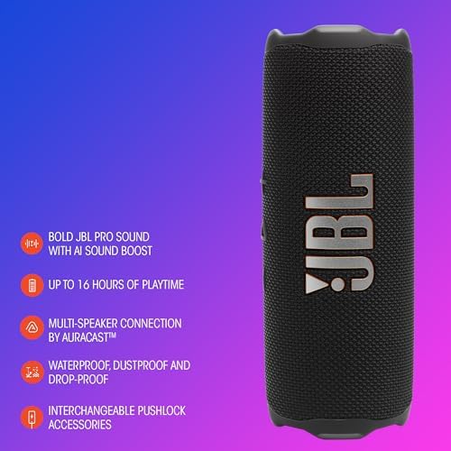 JBL Flip 7   Portable Waterproof and Drop Proof Speaker  Bold JBL Pro Sound with AI Sound Boost  16Hrs of Playtime  and PushLock System with Interchangeable Accessories  Black 
