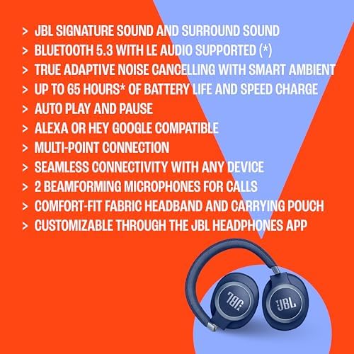 JBL Live 770NC   Wireless Over Ear Headphones with True Adaptive Noise Cancelling with Smart Ambient  Up to 65 Hours of Battery Life  Comfort fit Fabric Headband & Carrying Pouch  Black 