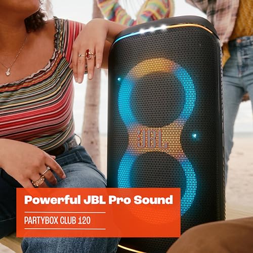 JBL PartyBox Club 120   Portable Party Speaker with Foldable Handle  Powerful JBL Pro Sound  Futuristic lightshow  Up to 12 Hours of Play time  Splash Proof  Dual Mic & Guitar Inputs  Black 