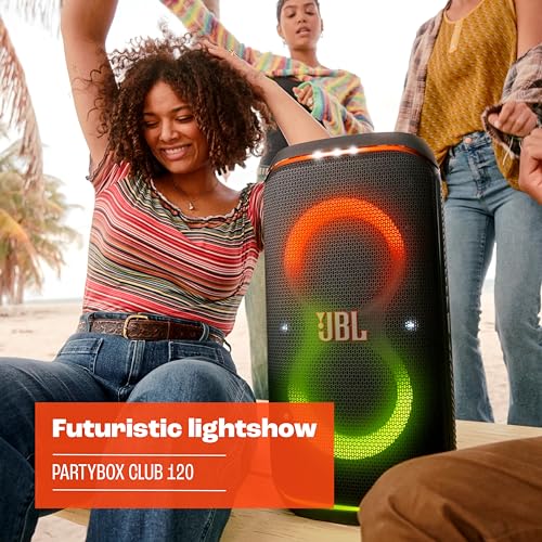 JBL PartyBox Club 120   Portable Party Speaker with Foldable Handle  Powerful JBL Pro Sound  Futuristic lightshow  Up to 12 Hours of Play time  Splash Proof  Dual Mic & Guitar Inputs  Black 