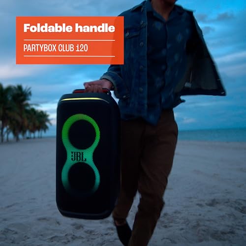 JBL PartyBox Club 120   Portable Party Speaker with Foldable Handle  Powerful JBL Pro Sound  Futuristic lightshow  Up to 12 Hours of Play time  Splash Proof  Dual Mic & Guitar Inputs  Black 