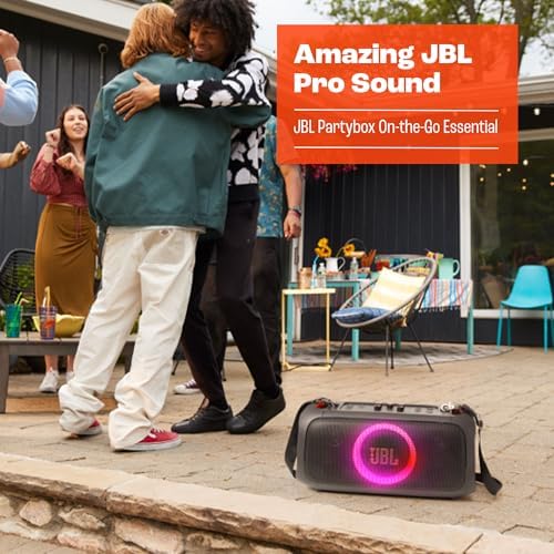 JBL PartyBox On The Go Essential   Portable Party Speaker with Built in Lights and Wireless mic  Amazing Pro Sound  IPX4 splashproof Protection  6 Hours of Playtime  Convenient Shoulder Strap