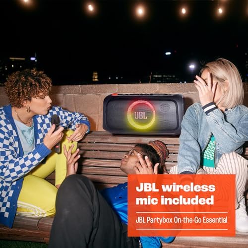 JBL PartyBox On The Go Essential   Portable Party Speaker with Built in Lights and Wireless mic  Amazing Pro Sound  IPX4 splashproof Protection  6 Hours of Playtime  Convenient Shoulder Strap