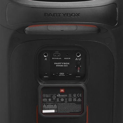 JBL PartyBox Stage 320 - Altavoz portátil para fiestas con mango telescópico y ruedas anchas y resistentes, potente sonido JBL Pro, espectáculo de luces futurista, hasta 18 horas de tiempo de juego, a
