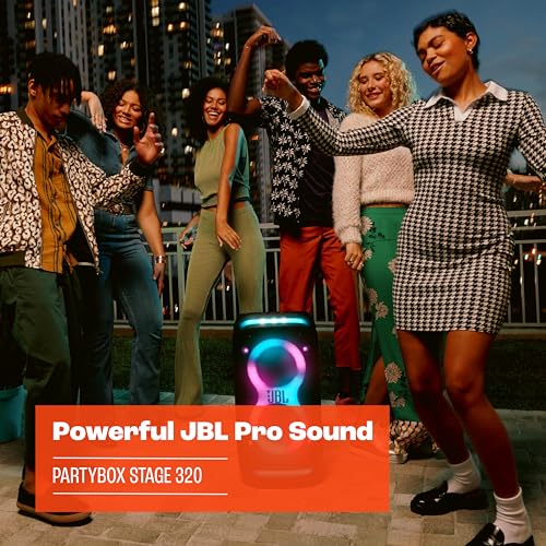 JBL PartyBox Stage 320 - Altavoz portátil para fiestas con mango telescópico y ruedas anchas y resistentes, potente sonido JBL Pro, espectáculo de luces futurista, hasta 18 horas de tiempo de juego, a