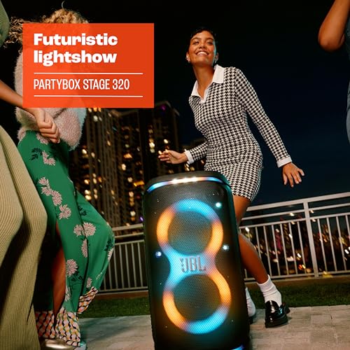 JBL PartyBox Stage 320 - Altavoz portátil para fiestas con mango telescópico y ruedas anchas y resistentes, potente sonido JBL Pro, espectáculo de luces futurista, hasta 18 horas de tiempo de juego, a