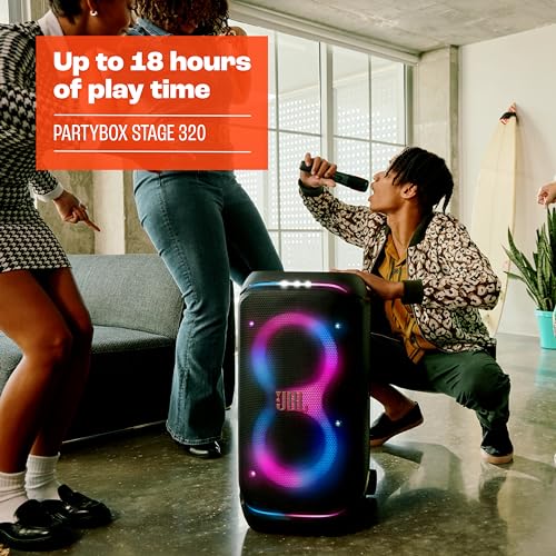 JBL PartyBox Stage 320 - Altavoz portátil para fiestas con mango telescópico y ruedas anchas y resistentes, potente sonido JBL Pro, espectáculo de luces futurista, hasta 18 horas de tiempo de juego, a