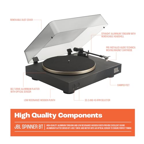 JBL Spinner BT - Bluetooth con tocadiscos AptX-HD™, componentes, carcasa extraíble, bandeja de aluminio y transmisión por correa, cartucho de imán móvil preinstalado (negro)