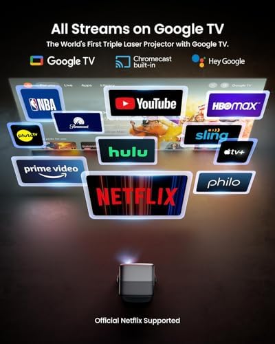 JMGO N1S Ultra 4K Triple Laser Projector with WiFi and Bluetooth  2800 ISO Lumens  Google TV  360  Sensorless Picture Correction  300  HDR10  20W Dolby Digital Plus  3D Active  Smart and Portable