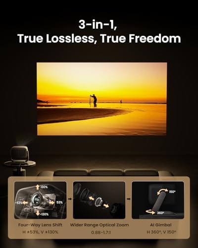 JMGO N3 Ultimate 4K Triple Laser Projector  5800 ISO Lumens  3 in 1 Lens Shift  Optical Zoom  AI Gimbal  20000 1 Contrast  1ms Low Latency  VRR & ALLM  Dolby Vision Home Theater 