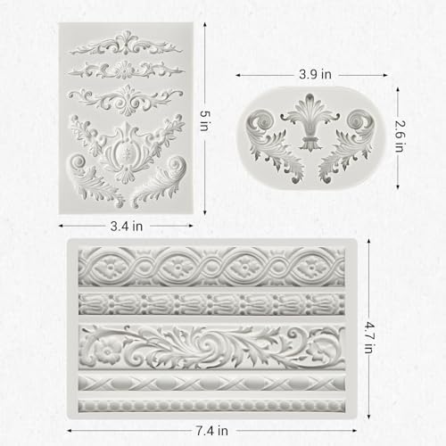 JOERSH 3PCS Baroque Silicone Molds Scroll Border Mold Baroque Clay Mold Fondant Molds for Wedding Birthday Cake Decorating  Chocolate  Sugar  Clay Crafts