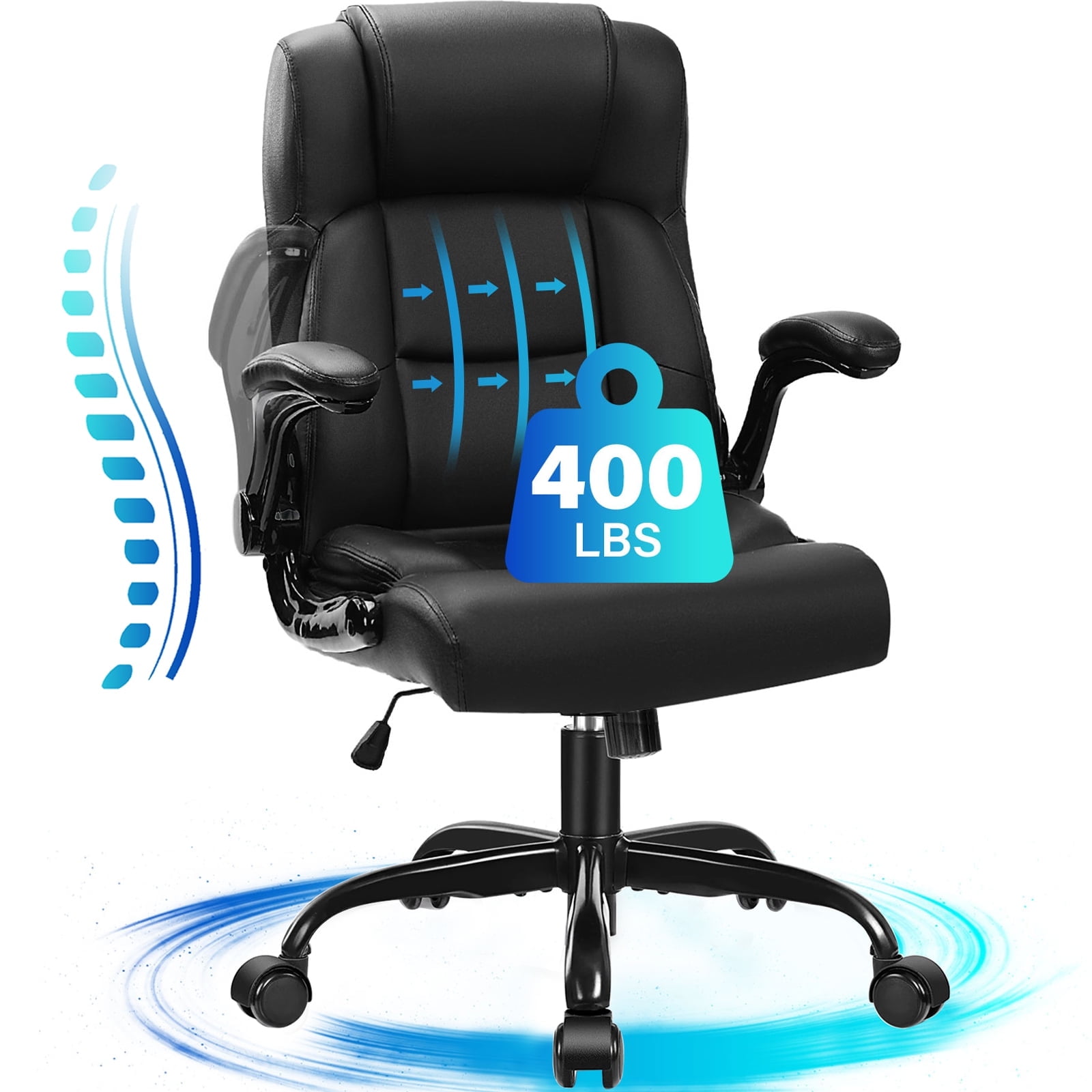 JONPONY Big and Tall Office Chair 400LBS Wide Seat Ergonomic Computer Desk Chair High Back Executive Leather Chair Adjustable Task Chair Lumbar Back Support 8 Hours Heavy Duty Design 9189 Black