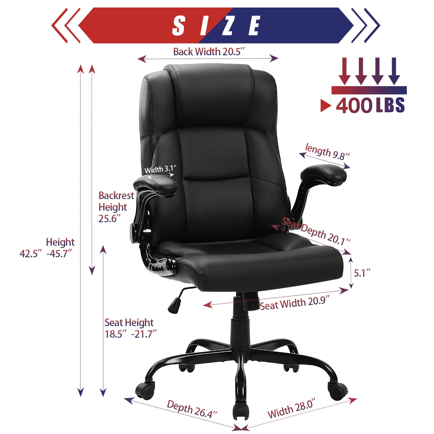JONPONY Big and Tall Office Chair 400LBS Wide Seat Ergonomic Computer Desk Chair High Back Executive Leather Chair Adjustable Task Chair Lumbar Back Support 8 Hours Heavy Duty Design 9189 Black