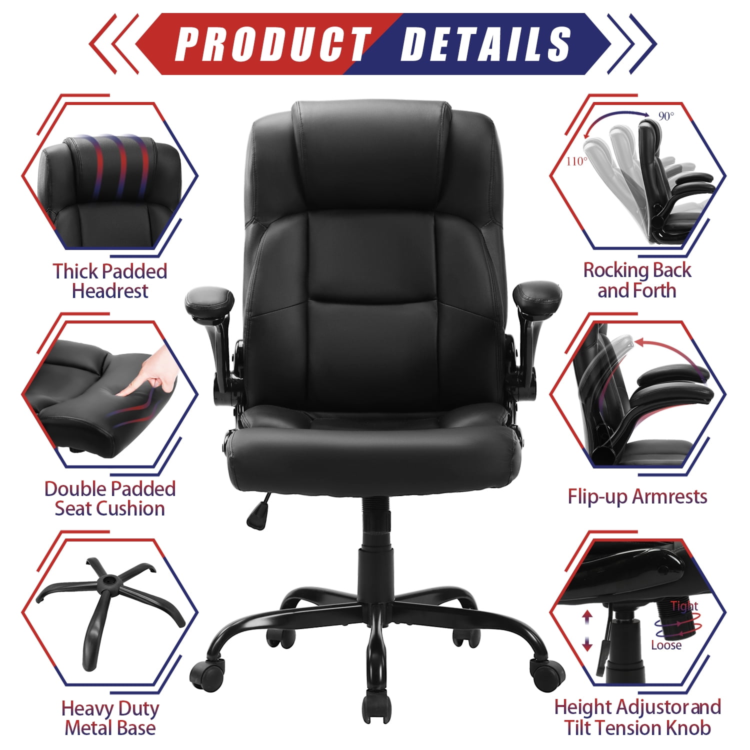 JONPONY Big and Tall Office Chair 400LBS Wide Seat Ergonomic Computer Desk Chair High Back Executive Leather Chair Adjustable Task Chair Lumbar Back Support 8 Hours Heavy Duty Design 9189 Black