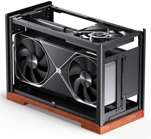 JONSBO T9 Mini ITX PC Case SFF Tool free Mesh Desktop Case A4 Compartment Structure Black Walnut Solid Wood Base 3 levels Adjustable for MB 4mm AL SP SFX100mm/GPU202mm 310mm  With a PCI E Cable Black 