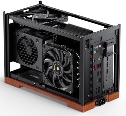 JONSBO T9 Mini ITX PC Case SFF Tool free Mesh Desktop Case A4 Compartment Structure Black Walnut Solid Wood Base 3 levels Adjustable for MB 4mm AL SP SFX100mm/GPU202mm 310mm  With a PCI E Cable Black 