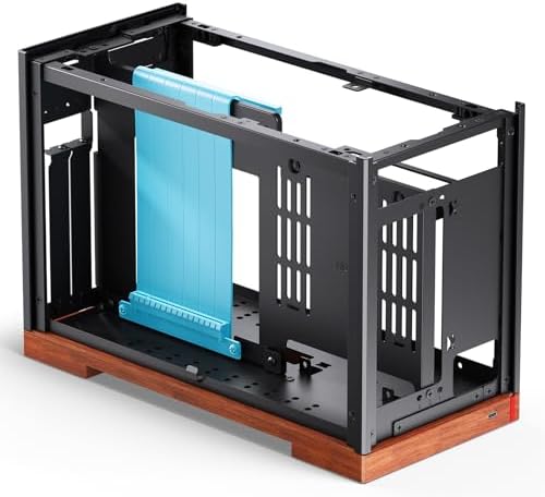 JONSBO T9 Mini ITX PC Case SFF Tool free Mesh Desktop Case A4 Compartment Structure Black Walnut Solid Wood Base 3 levels Adjustable for MB 4mm AL SP SFX100mm/GPU202mm 310mm  With a PCI E Cable Black 